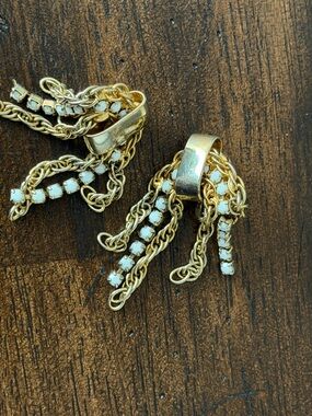 Gold and White Chain Tassel Earrings - Elegant Drop Earrings - Vintage Clip Ons